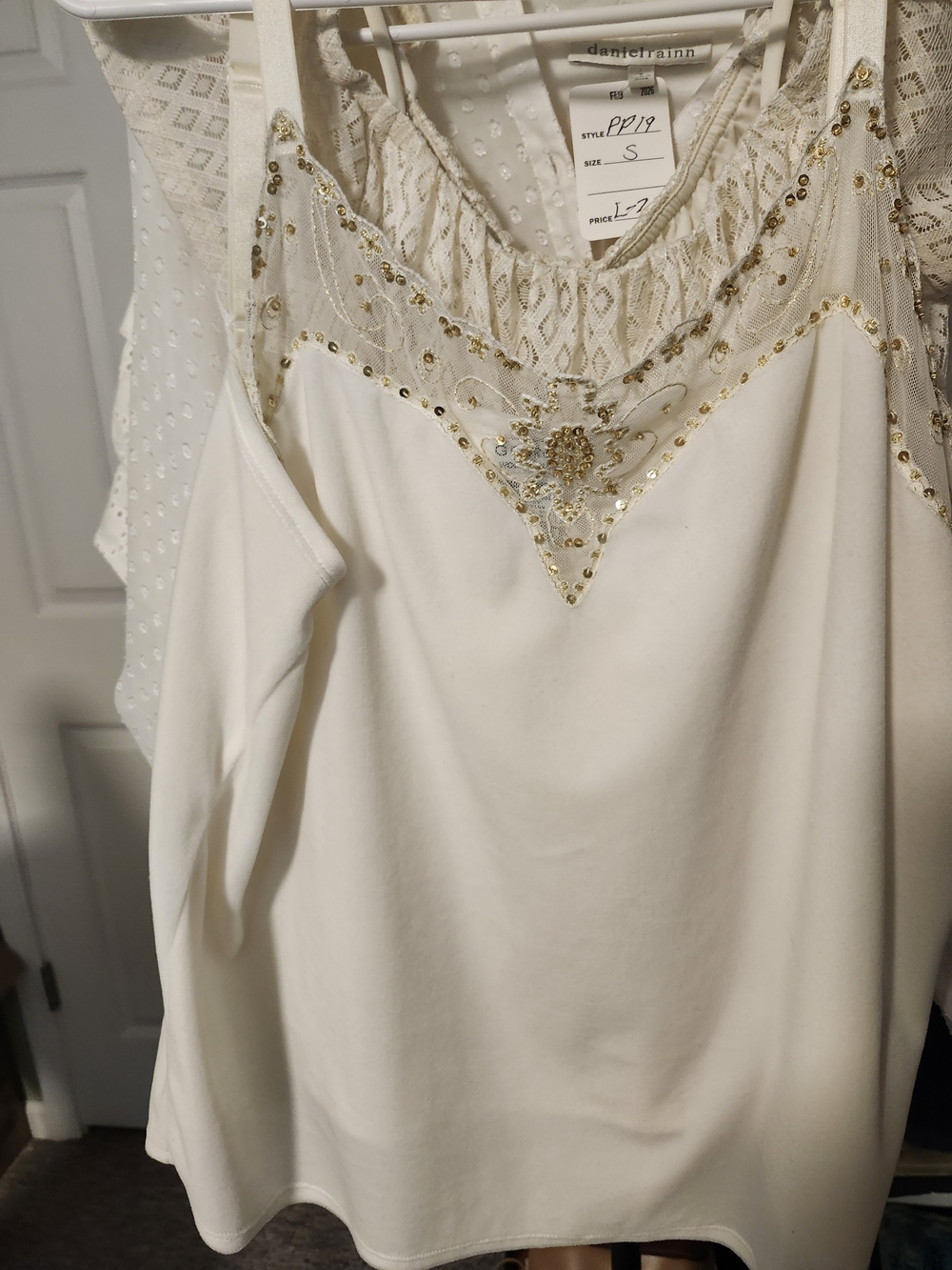 Dana Buchman Cream Cold-Shoulder Top with Gold Sequin Yoke Also Wear As Camisole